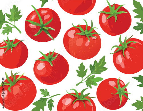 Seamless pattern with hand-painted acrylic style tomatoes. Texture with vegetables, culinary motifs for kitchen, cooking blog, farmers market, grocery,cherry tomato, fresh produce, red tomato, fruit, 