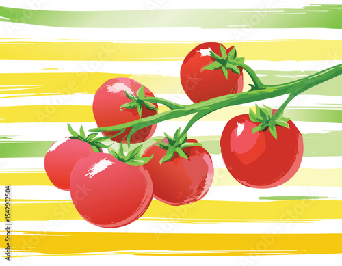 Trendy summer tropical poster featuring hand-painted tomatoes on a branch in acrylic style over a soft yellow striped background. Perfect for kitchen decor, packaging, textile prints,artistic, bold, 