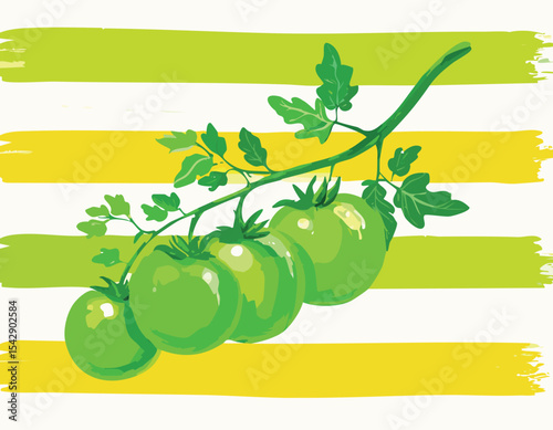 Trendy summer tropical poster featuring hand-painted tomatoes on a branch in acrylic style over a soft yellow striped background. Perfect for kitchen decor, packaging, textile prints,artistic, bold, 