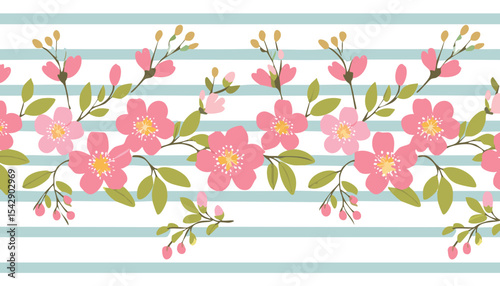 Vintage flower stripe pattern with pink blossoms on green striped background. Vector cute cartoon hand drawn illustration. Ideal textile printing, baby clothes, wallpaper,children, elegant, layout,