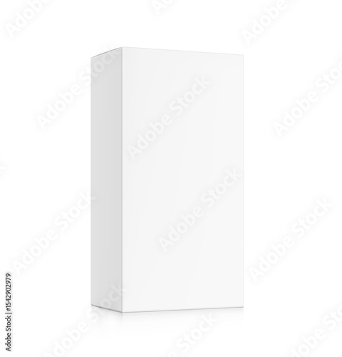 Realistic white closed paperboard box mockup. Half side view. Vector illustration isolated on white background. Taking your 2D designs into 3D. Can be use for pharmacy, cosmetic, food. EPS10.