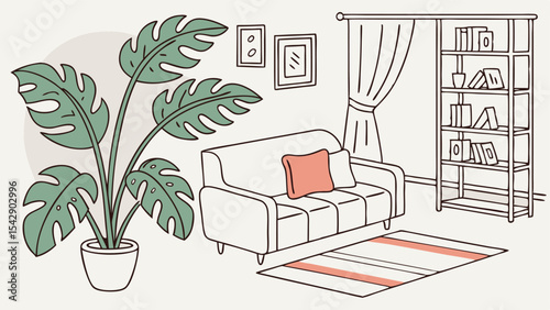Illustration of a living room interior with a monstera plant, sofa, bookshelf, and framed wall art decor