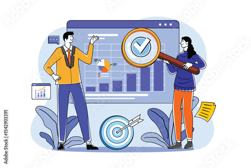 Illustration featuring two professionals analyzing business data on a chart. Magnifying glass, target, and graphs emphasize teamwork, strategy, and problem solving in a corporate environment.