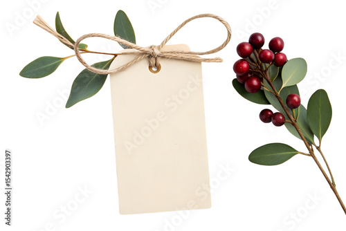 Elegant Holiday Gift Tag Mockup with Rustic Twine and Winter Berries