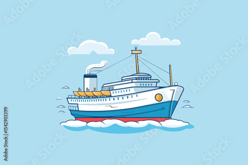 An attractive vector illustration of a cruise ship navigating calm waters under a clear blue sky. The image showcases the ship's lively colors and streamlined design, evoking thoughts of marine travel