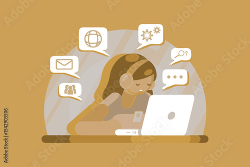 Digital illustration showing a woman at a laptop, symbolizing technology use, communication, and multitasking, depicted with overlay icons, representing connections in a professional or personal conte