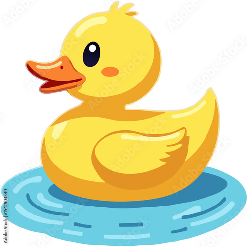Cheerful cartoon yellow duck floating on blue water waves isolated on a black background