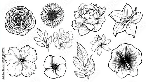 Single flower doodles drawing vector illustration. Spring flower outline set including a rose, sunflower daisy, hibiscus, peony, camellia, morning glory, etc.