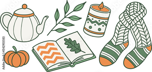 Autumn cozy elements with pumpkin book candle leaves and warm socks on white background