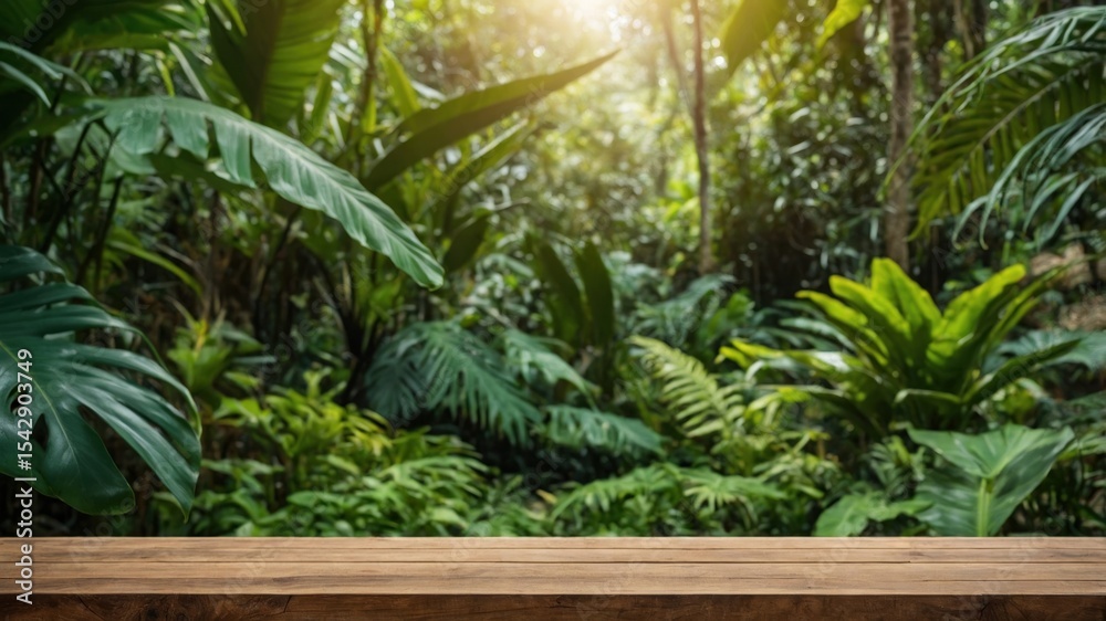 Fototapeta premium Lush tropical foliage backdrop on a wooden surface.
