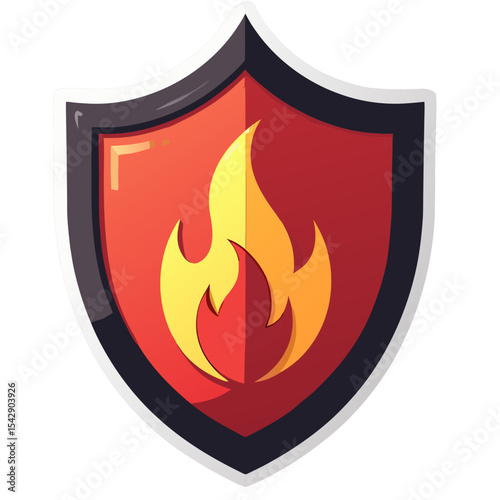 A cartoonish shield with a flame in the center, symbolising protection and fire safety