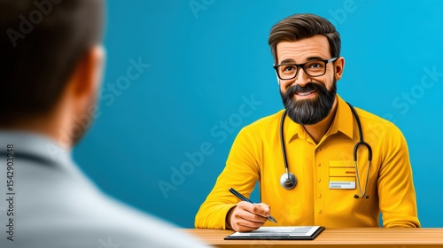 Doctor in yellow shirt smiling, consulting patient in office