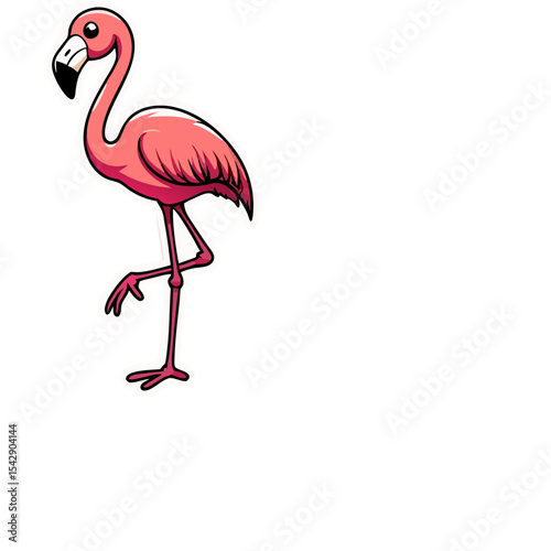Cartoon illustration of a vibrant pink flamingo against a stark black background design