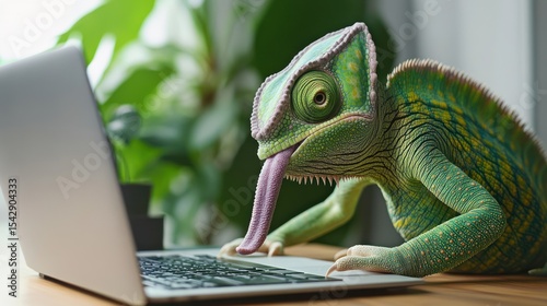 Whimsical Chameleon Navigating the Digital World with Laptop Proficiency