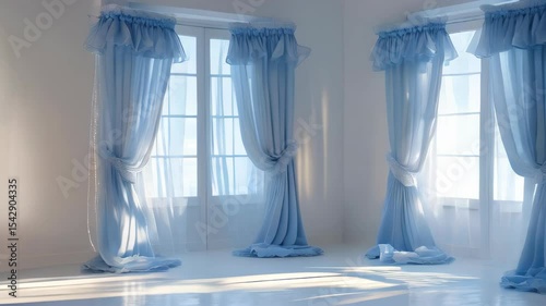 video of blue window curtains and white tulle in the white room