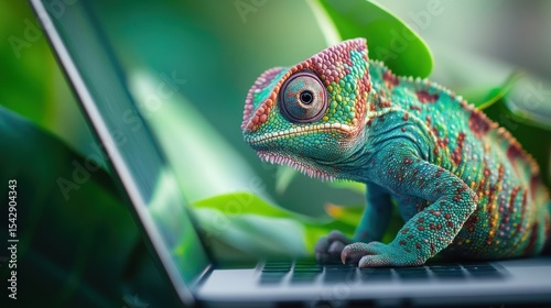 Intricate chameleon nestled amidst lush foliage working on digital laptop