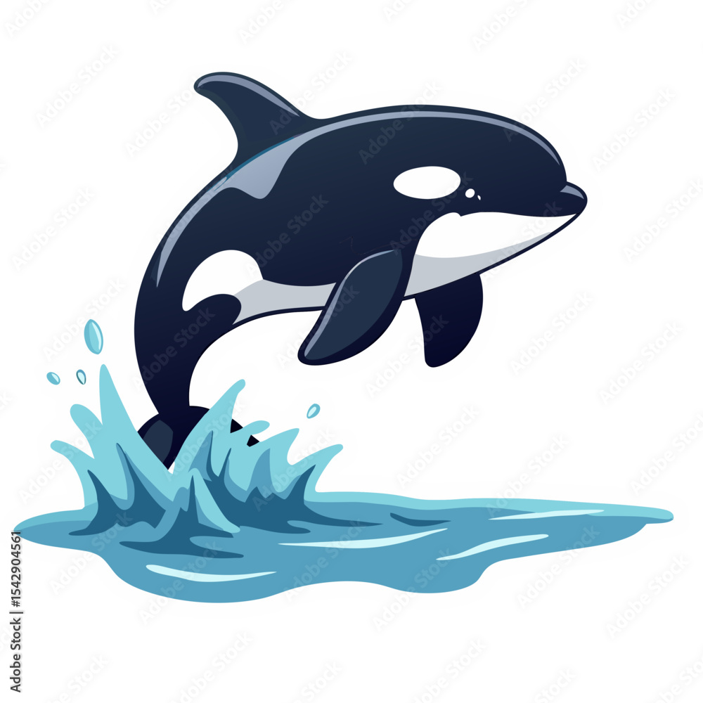 Fototapeta premium Cartoon illustration of a killer whale jumping splashing water and white outline sticker style