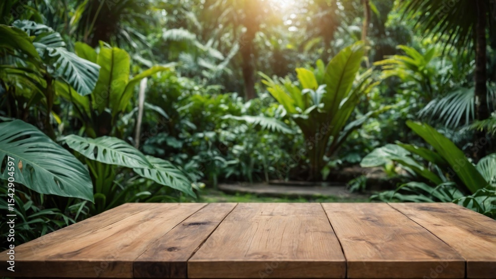 Wooden table top in a lush tropical garden. Wooden table top in a lush tropical garden.