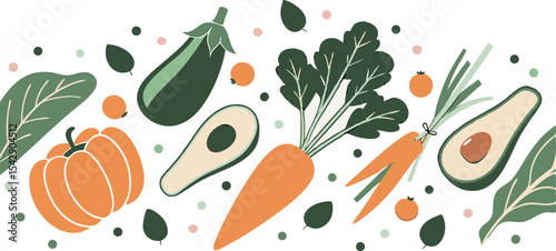 Colorful hand drawn vegetables pattern featuring pumpkin avocado eggplant and carrots
