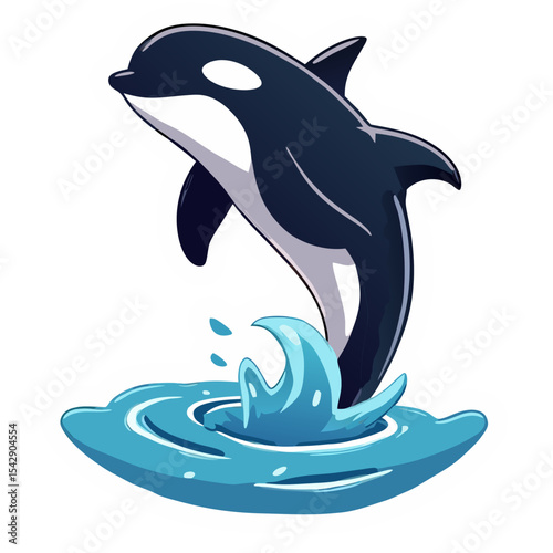 Cartoon illustration of a killer whale leaping out of ocean water against black background