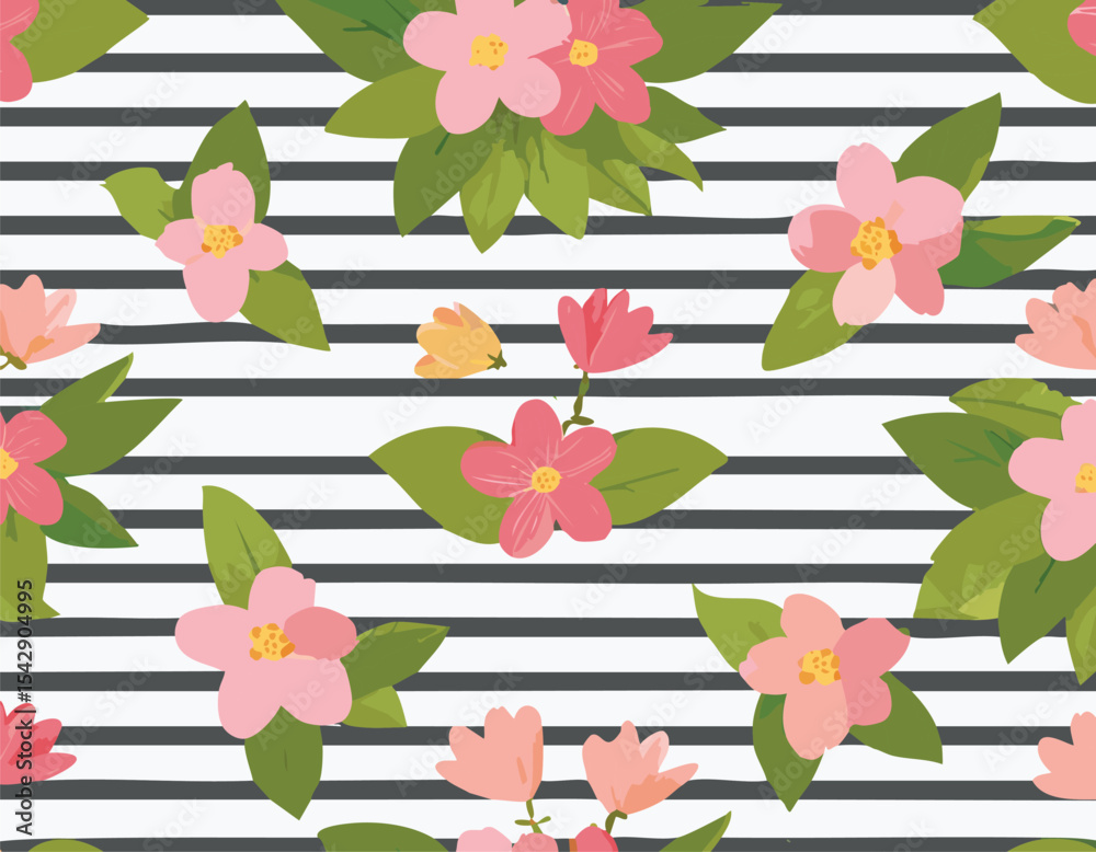 Obraz premium Vector cute cartoon hand drawn illustration. Seamless pattern of pink flowers and leaves on horizontal striped background with heart. Ideal for textile print, baby clothes, wallpaper,border, cosy, 