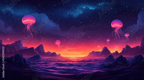Pink jellyfish float above a vibrant sunset over a futuristic landscape.