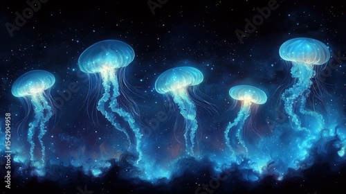 Glowing jellyfish in a cosmic nebula.