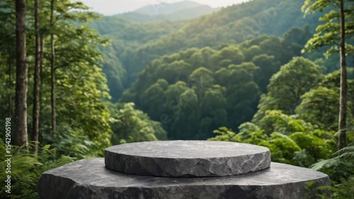 Gray stone pedestal in a lush forest landscape.