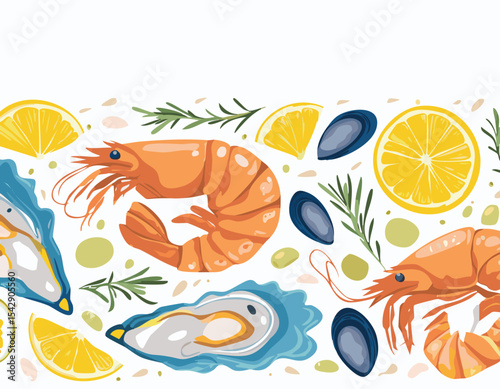 Horizontal vector pattern of seafood shrimps, oysters, lobster, lemons and olives. Mediterranean Dolce Vita style vintage illustrations for food, suitable for restaurant and marine cafe .butterfly, 