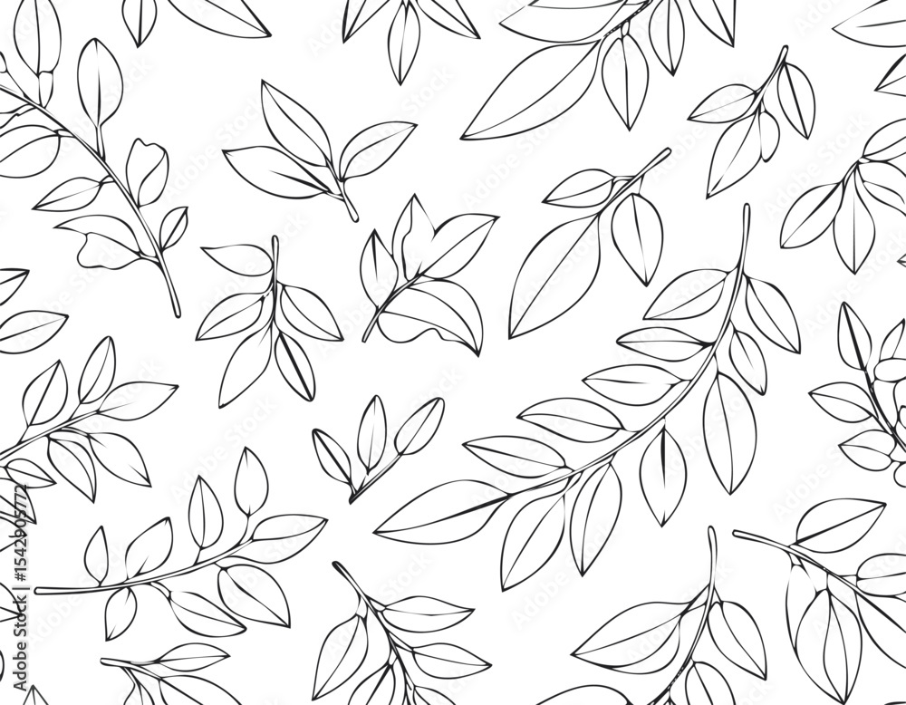 Fototapeta premium Seamless pattern with tree branches and leaves for surface design and other design projects. modern trend drawing in line art style. Delicate small leaves in watercolor.elegant, greenery, herb, print,