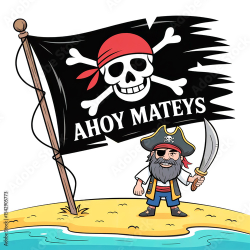 Jolly roger pirate flag and cartoon pirate on island