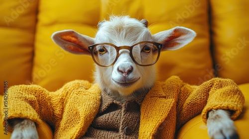 A goat wearing glasses and a mustard-colored sweater sits on a yellow couch.