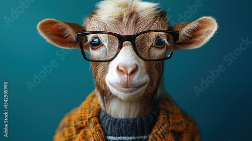 A goat wearing glasses and a sweater.