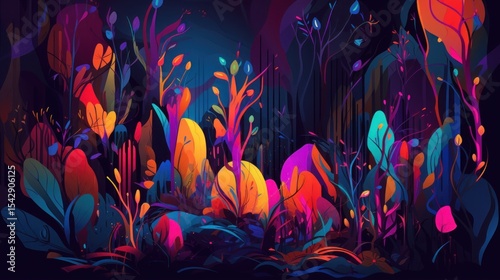 Vibrant, stylized forest scene with bold colors.