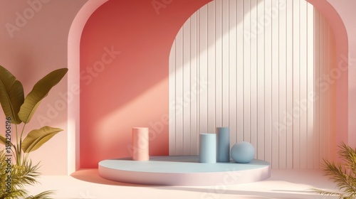 Pastel-colored display podium with geometric shapes and tropical plants.