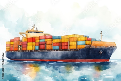 A watercolor painting of a large cargo ship loaded with multicolored shipping containers floating on calm water under a cloudy sky.