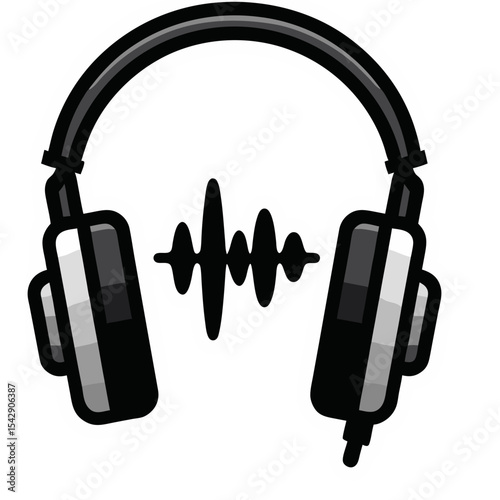 Iconic illustration of black headphones with sound wave graphic on a dark background