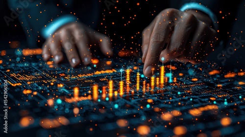A hand interacting with a digital circuit board displaying data.
