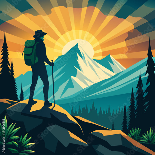 Silhouette of a Hiker at Sunrise with Majestic Mountain View