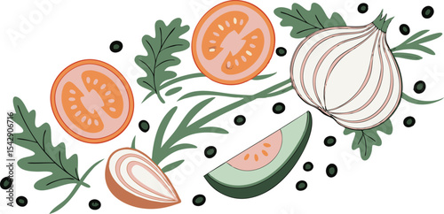 Illustration of fresh vegetables and herbs arranged on white background for healthy eating