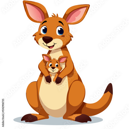 Illustration of a Cute Cartoon Kangaroo with its Baby, Isolated on a Black Background