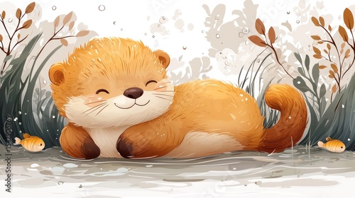 Cheerful otter resting by the water's edge.