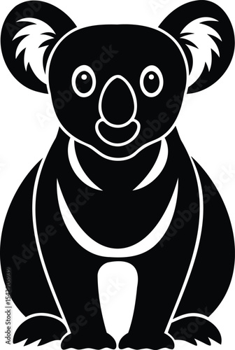 Black and white illustration of a cute stylized cartoon koala bear