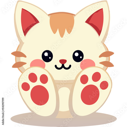 Adorable cartoon cat illustration with big eyes, paw prints, and a happy expression