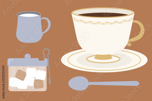 純喫茶風のコーヒー・ミルク・砂糖のイラスト