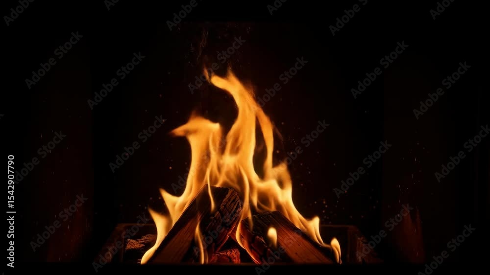 Burning bright fire flames over logs against a dark background showing warmth and heat with flames and logs.