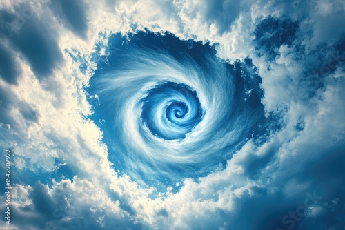 sky with spiral-shaped clouds, creating an illusion of a whirlpool or vortex in the blue sky.
