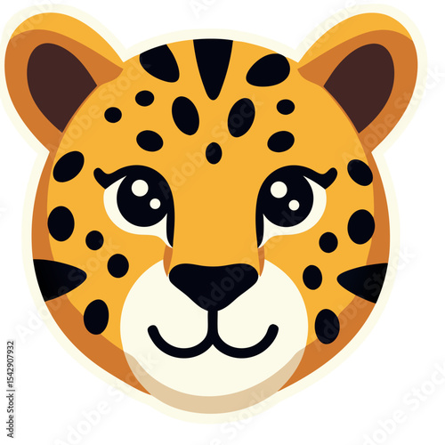 Cute cartoon jaguar head with spots and a happy expression against a black background