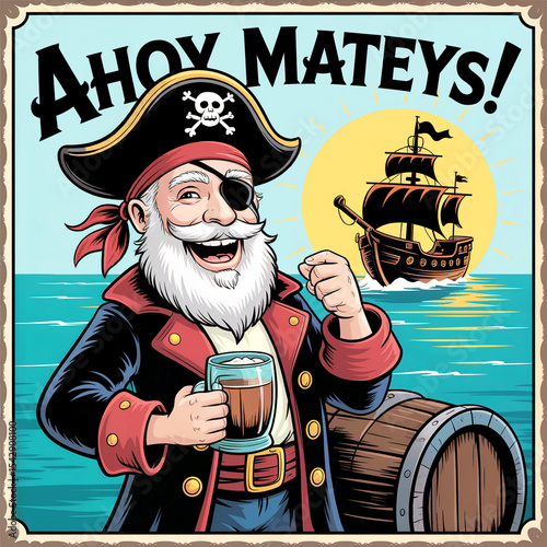 Jolly pirate captain enjoying a drink by the sea