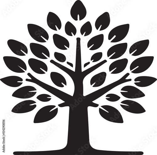 A stylized black tree with many leaves symmetrically arranged on branches against a white background art